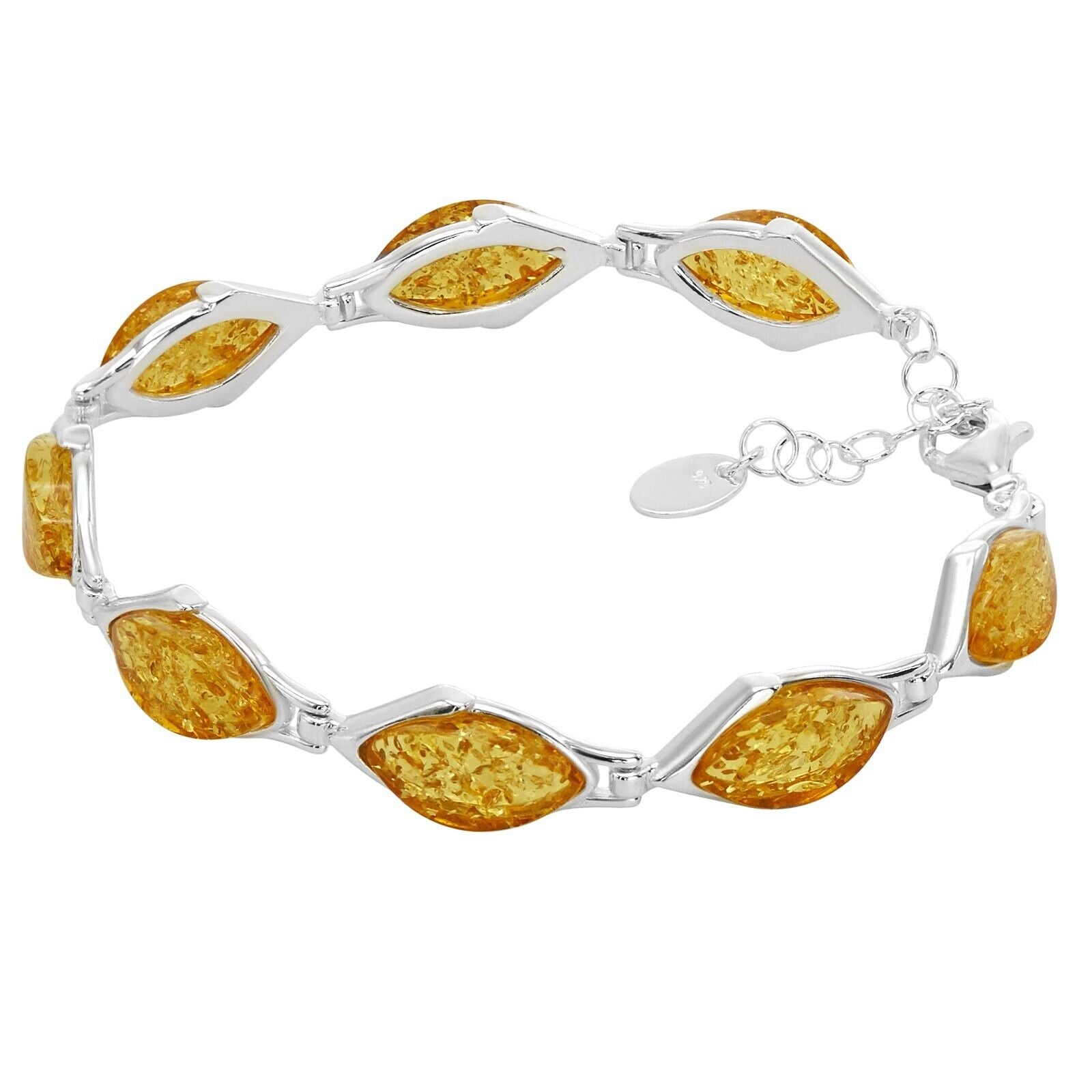 925 Sterling Silver Lemon Baltic Amber Marquise Adjustable Bracelet 8 Inches