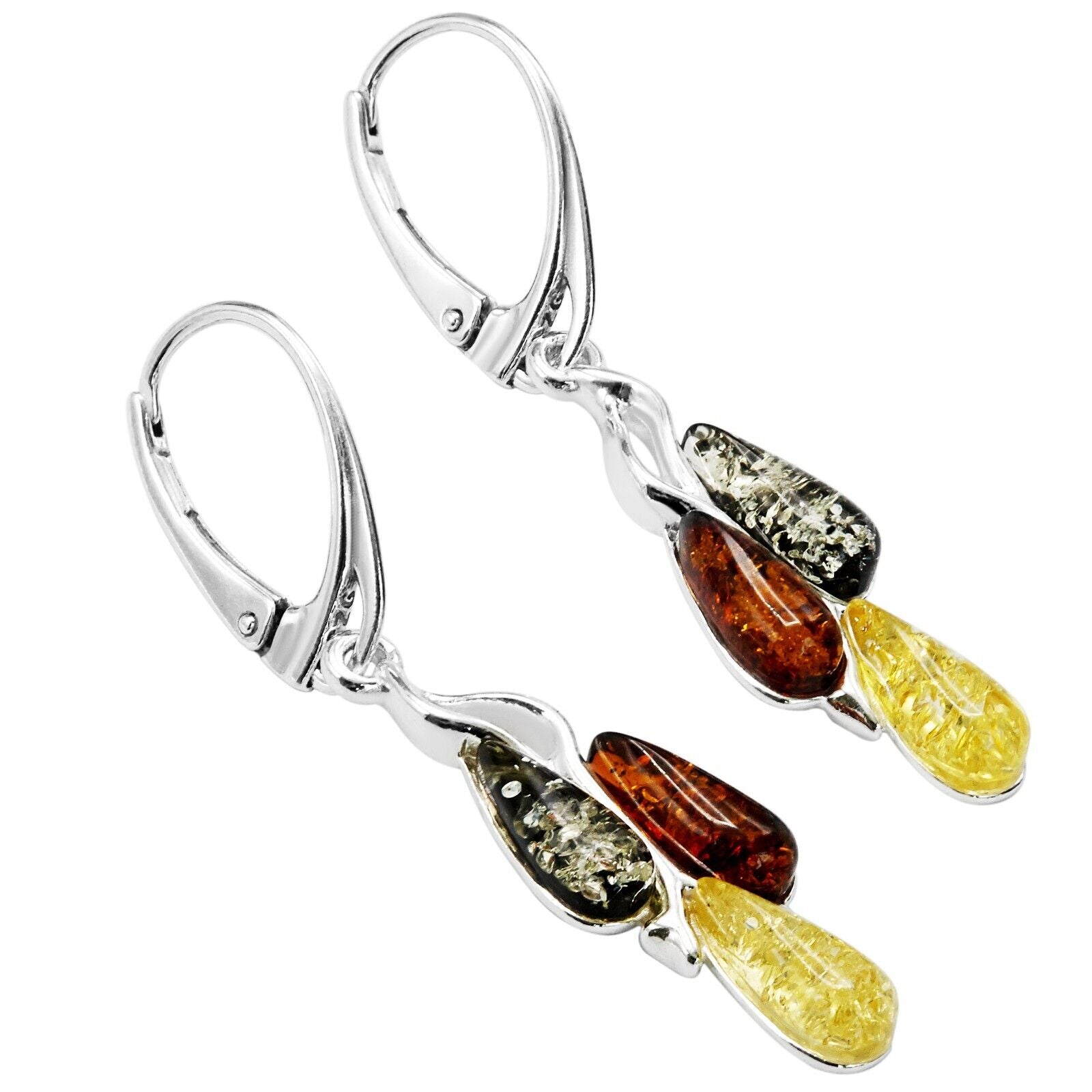 925 Solid Sterling Silver Multicolor Baltic Amber Drop Style Leverback Earrings