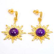 925 Solid Gold Plated Sterling Silver Violet Amber Round Flaming Sun Earrings