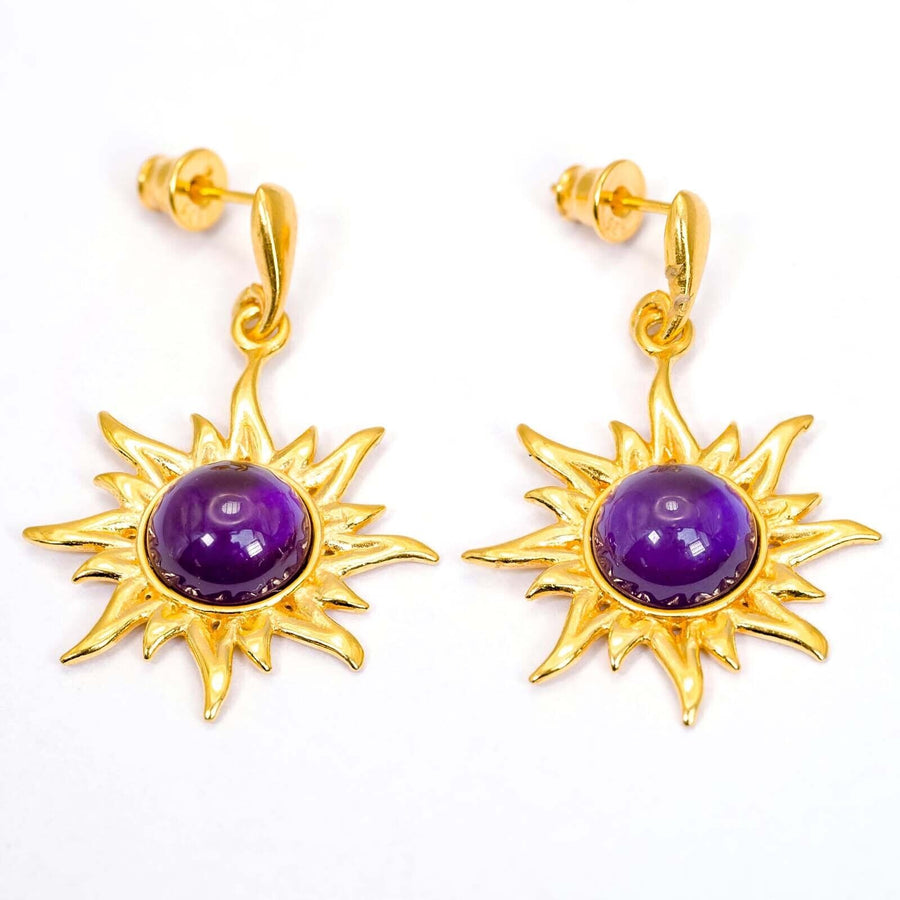 925 Solid Gold Plated Sterling Silver Violet Amber Round Flaming Sun Earrings
