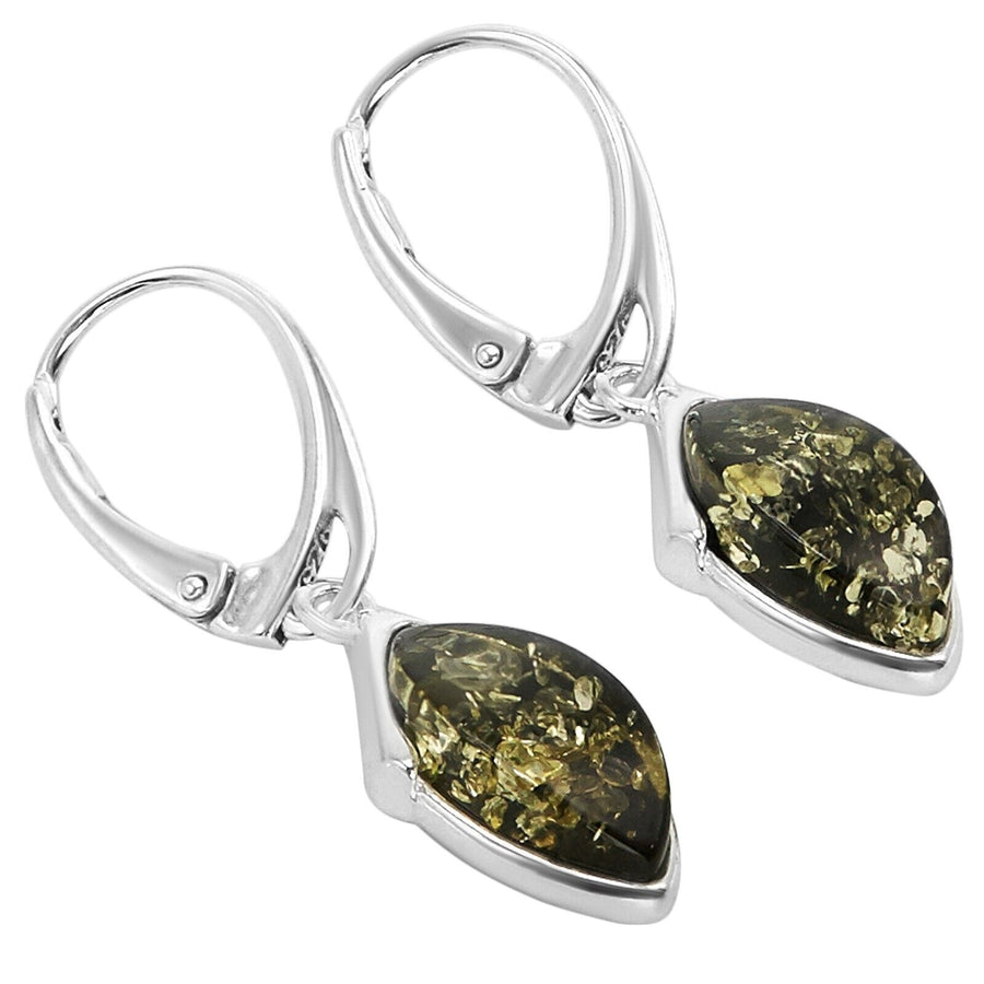 925 Solid Pure Sterling Silver Green Baltic Amber Marquise Leverback Earrings