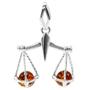 925 Solid Pure Sterling Silver Honey Baltic Amber Scales Of Justice Nice Pendant