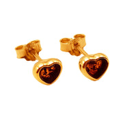 14k Pure Solid Yellow Gold Honey Baltic Amber Heart Nice Small Stud Earrings