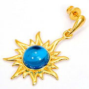 925 Solid Gold Plated Sterling Silver Blue Amber Round Flaming Sun Nice Earrings