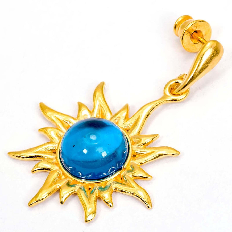925 Solid Gold Plated Sterling Silver Blue Amber Round Flaming Sun Nice Earrings