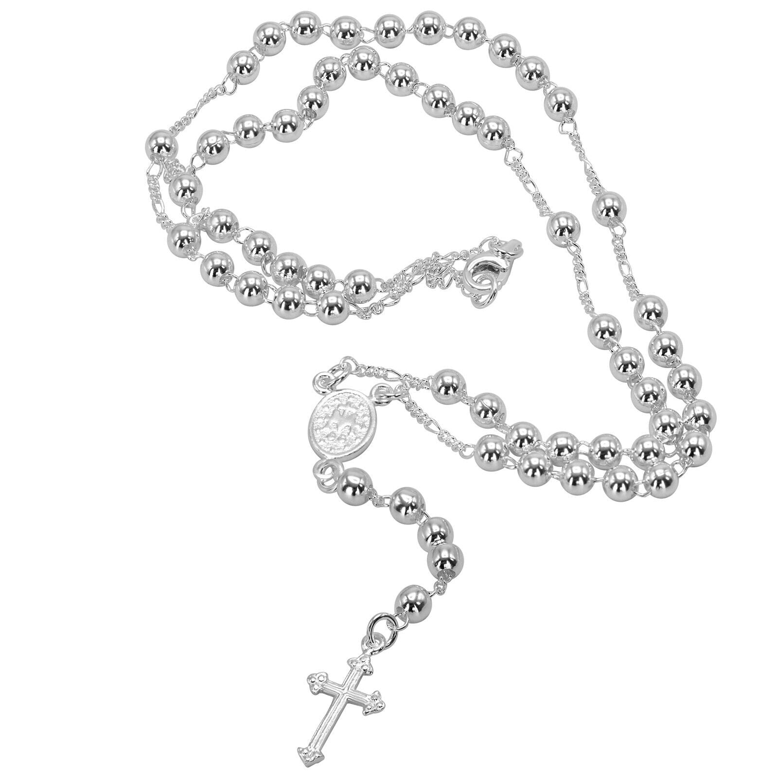 925 Solid Pure Sterling Silver Rosary Cross Virgin Mary Prayer Necklace 19 in