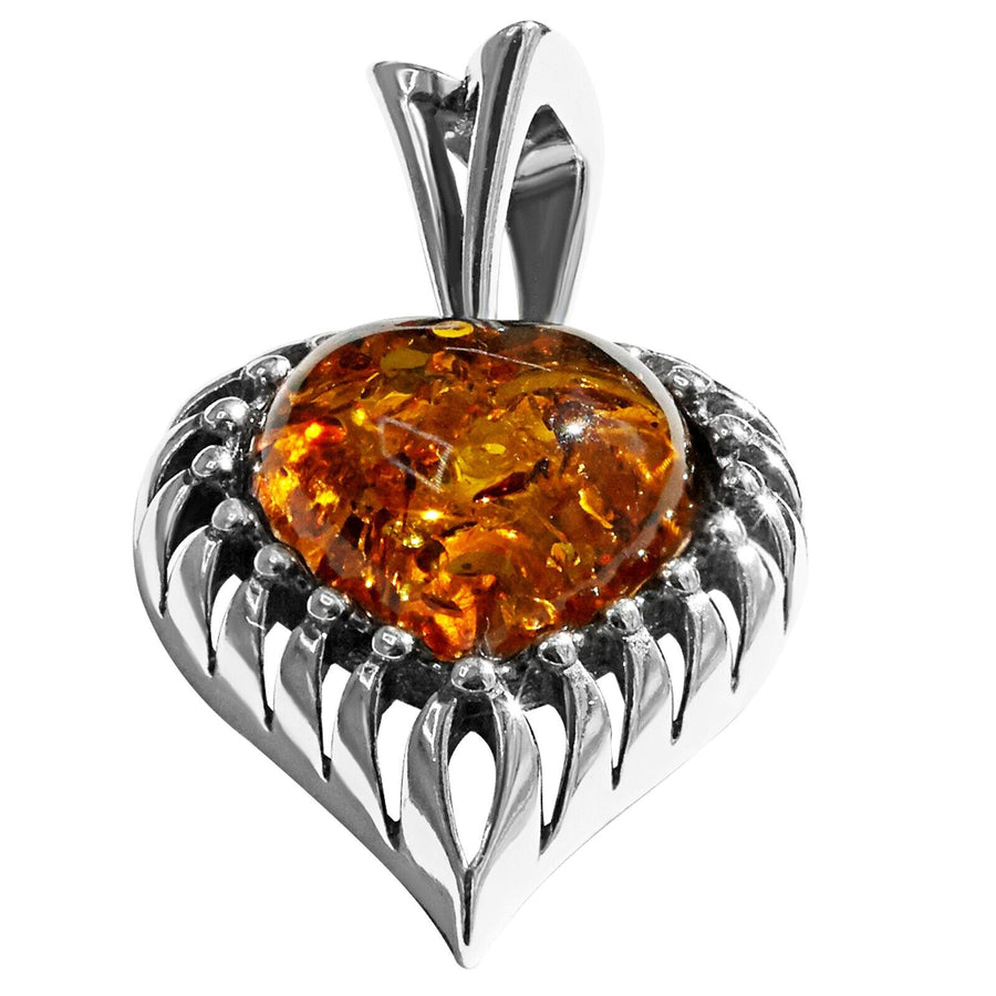 925 Solid Pure Sterling Silver Honey Baltic Amber Modern Beautiful Heart Pendant
