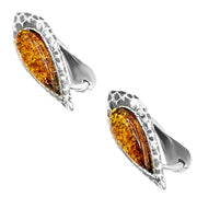 925 Solid Pure Sterling Silver Honey Baltic Amber Marquise Omega Post Earrings