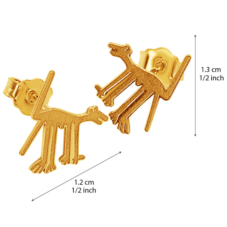 14k Solid Yellow Fine Gold Nazca Line Dog World Wonder Geoglyph Stud Earrings