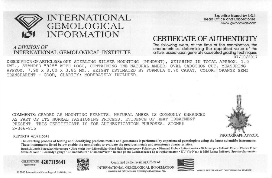 925 Solid Sterling Silver Honey Baltic Amber Sun Round Beautiful Small Pendant