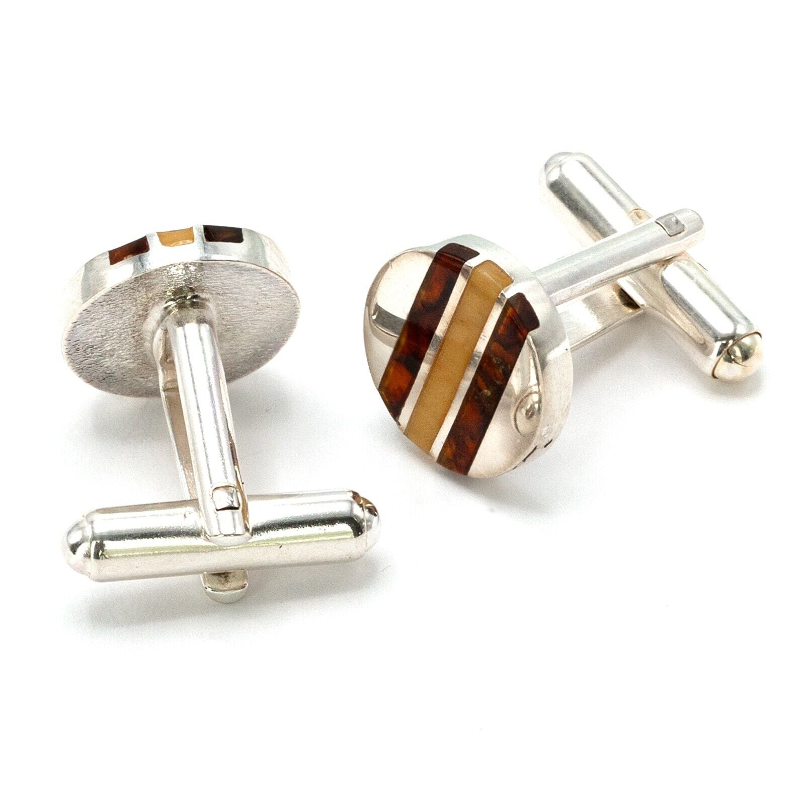 925 Solid Sterling Silver Multicolor Baltic Amber Round Modern Inlay Cufflinks