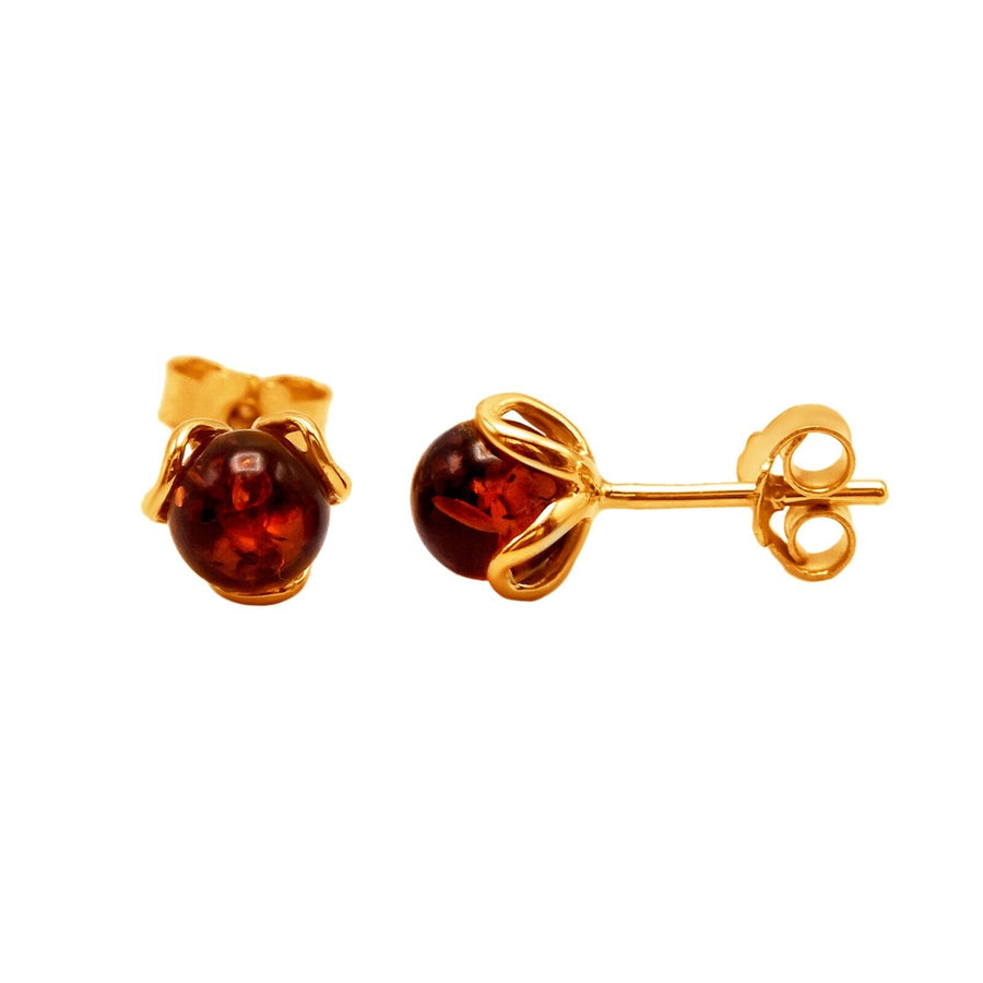 14k Pure Solid Yellow Gold Honey Baltic Amber Flower Designer Small Stud Earring