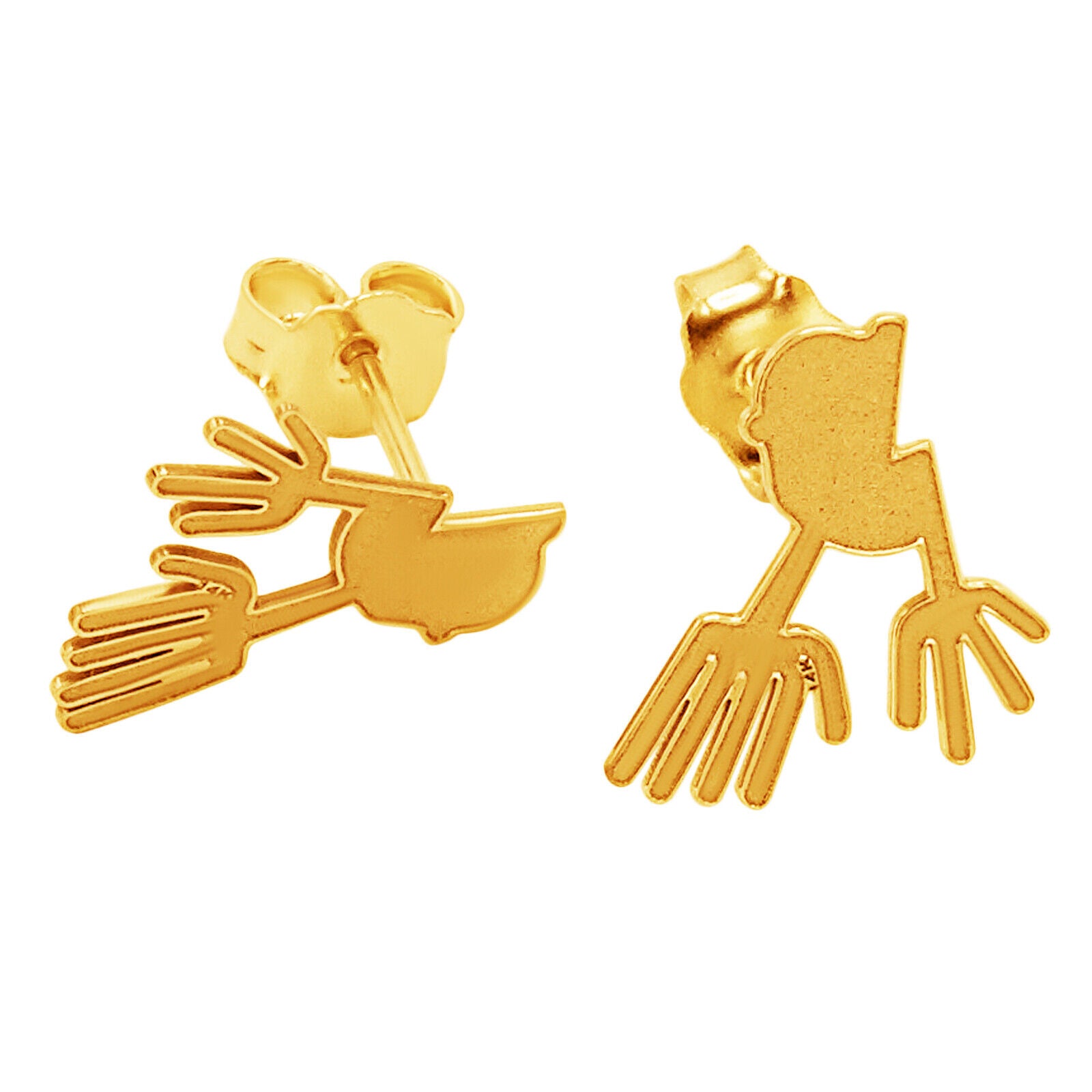 14k Solid Yellow Fine Gold Nazca Line Hands World Wonder Geoglyph Stud Earrings