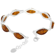 925 Sterling Silver Honey Baltic Amber Marquise Adjustable Bracelet 8 Inches