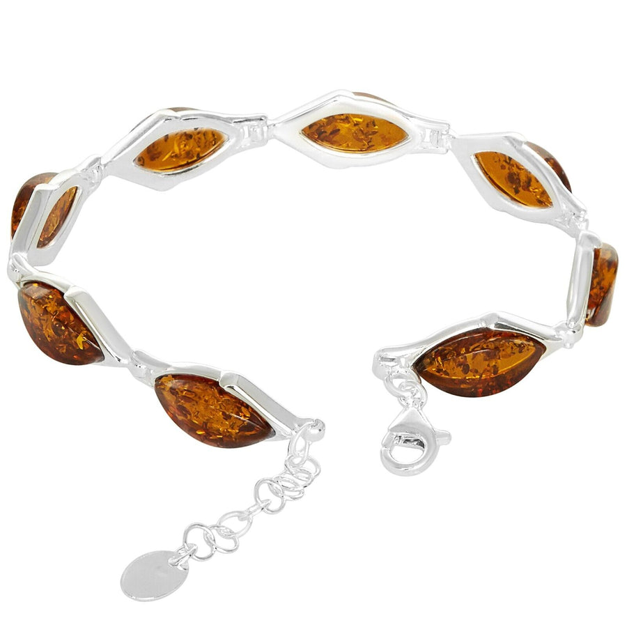 925 Sterling Silver Honey Baltic Amber Marquise Adjustable Bracelet 8 Inches