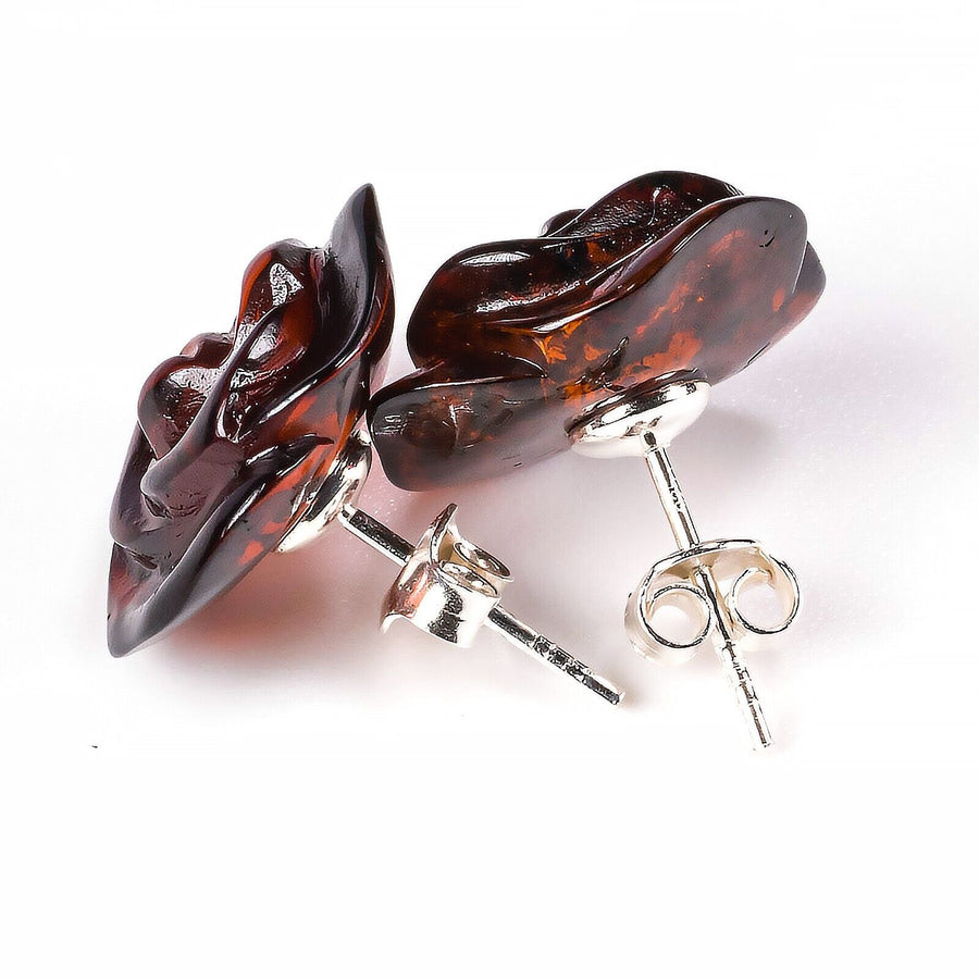 925 Solid Pure Sterling Silver Cherry Baltic Amber Designer Rose Stud Earrings