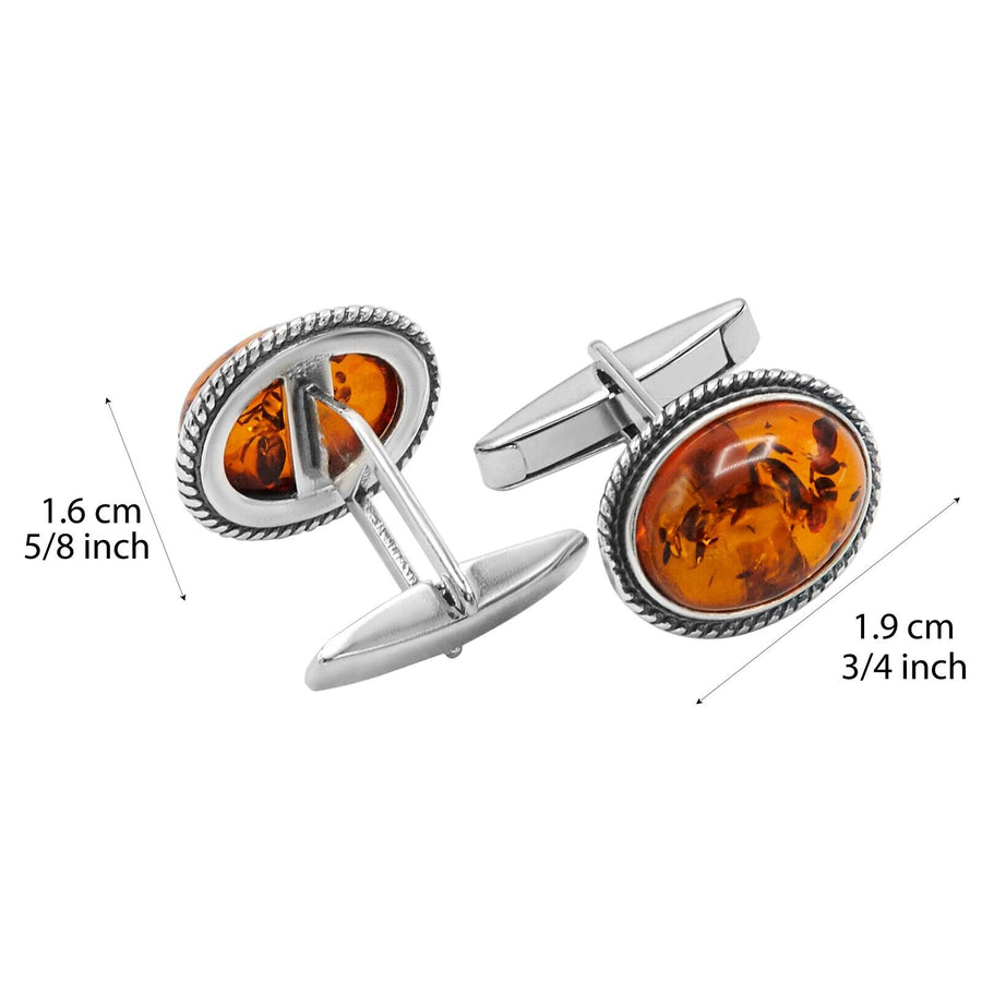 925 Solid Sterling Silver Natural Cognac Baltic Amber Oval Filigree Cufflinks