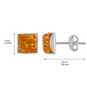 925 Solid Pure Sterling Silver Lemon Baltic Amber Square Medium Stud Earrings