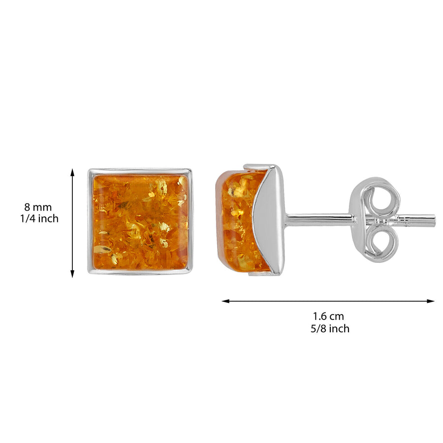 925 Solid Pure Sterling Silver Lemon Baltic Amber Square Medium Stud Earrings