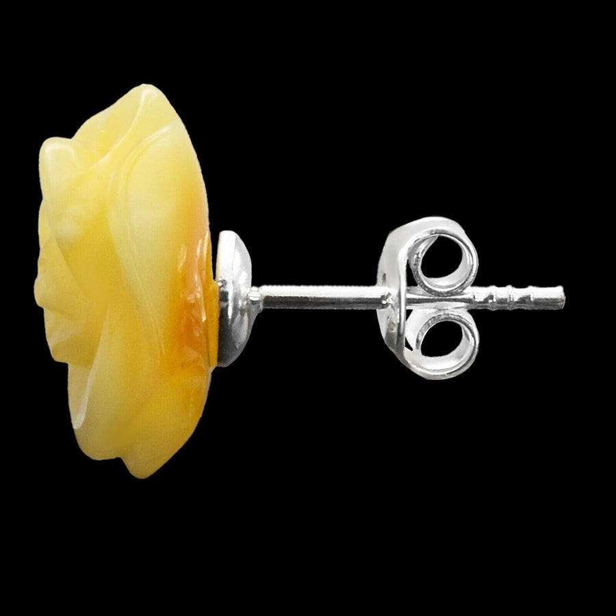 925 Solid Sterling Silver Butterscotch Baltic Amber Designer Rose Stud Earrings