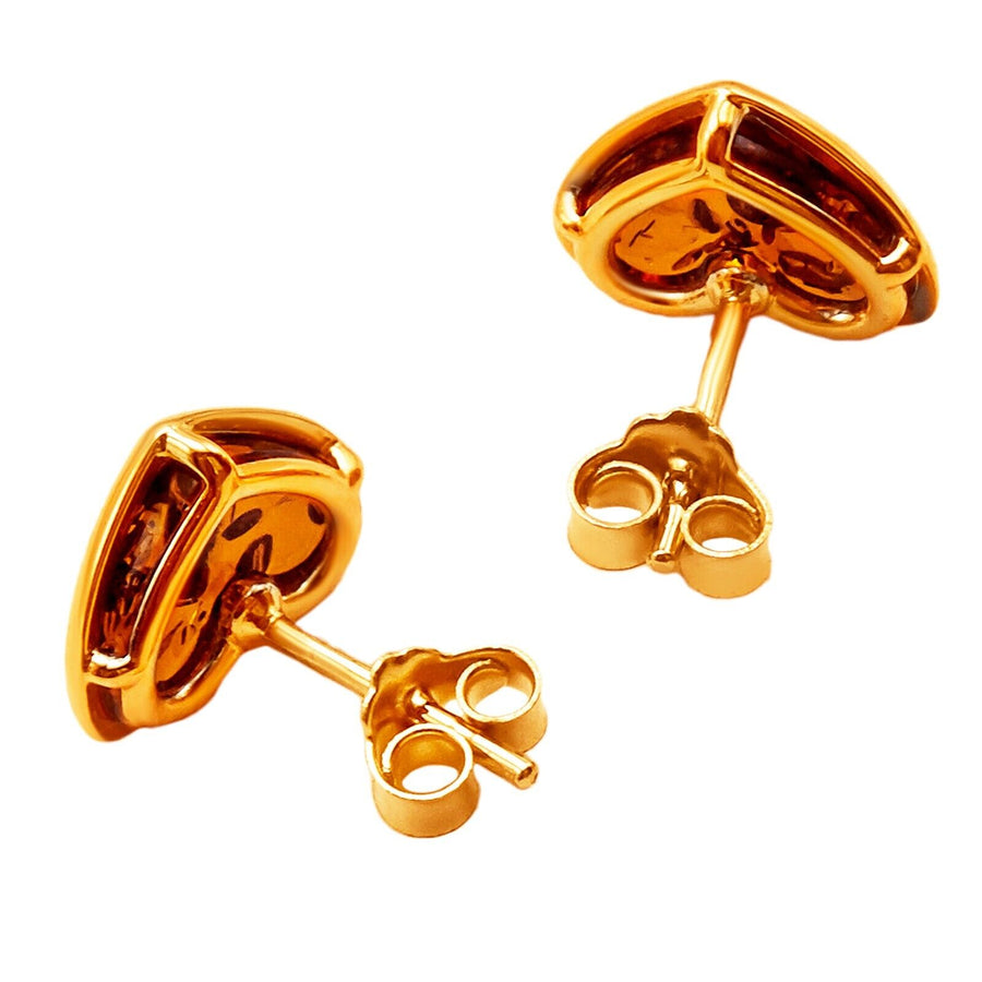 14k Pure Solid Yellow Gold Honey Baltic Amber Heart Nice Medium Stud Earrings