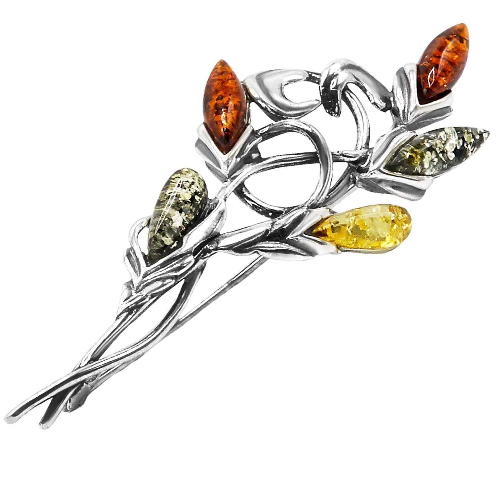 925 Solid Pure Sterling Silver Multicolor Baltic Amber Designer Floral Brooch