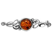 925 Solid Pure Sterling Silver Honey Baltic Amber Designer Round Floral Brooch
