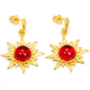 925 Solid Gold Plated Sterling Silver Red Amber Round Flaming Sun Nice Earrings