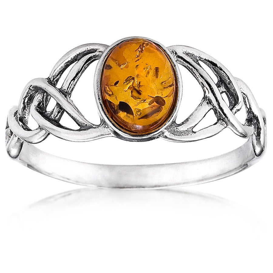 925 Solid Sterling Silver Honey Baltic Amber Oval Classic Beautiful Celtic Ring