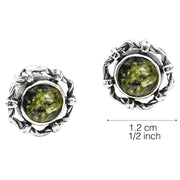 925 Solid Sterling Silver Green Baltic Amber Round Classic Pretty Stud Earrings