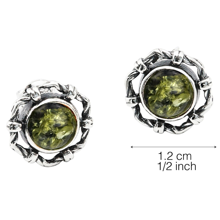 925 Solid Sterling Silver Green Baltic Amber Round Classic Pretty Stud Earrings