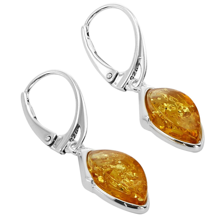925 Solid Pure Sterling Silver Lemon Baltic Amber Marquise Leverback Earrings