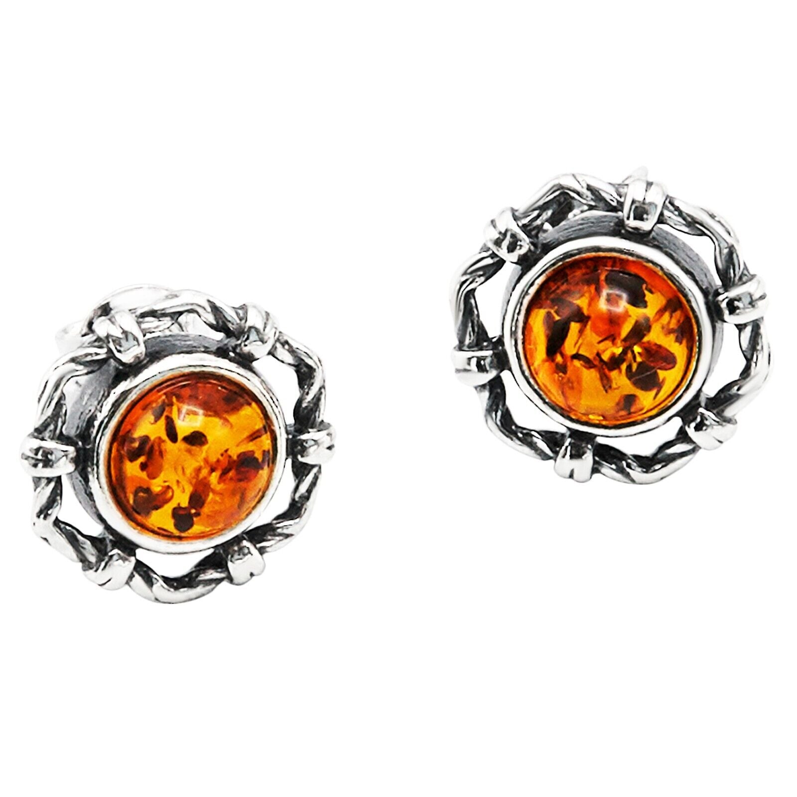 925 Solid Sterling Silver Honey Baltic Amber Round Classic Pretty Stud Earrings