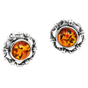 925 Solid Sterling Silver Honey Baltic Amber Round Classic Pretty Stud Earrings