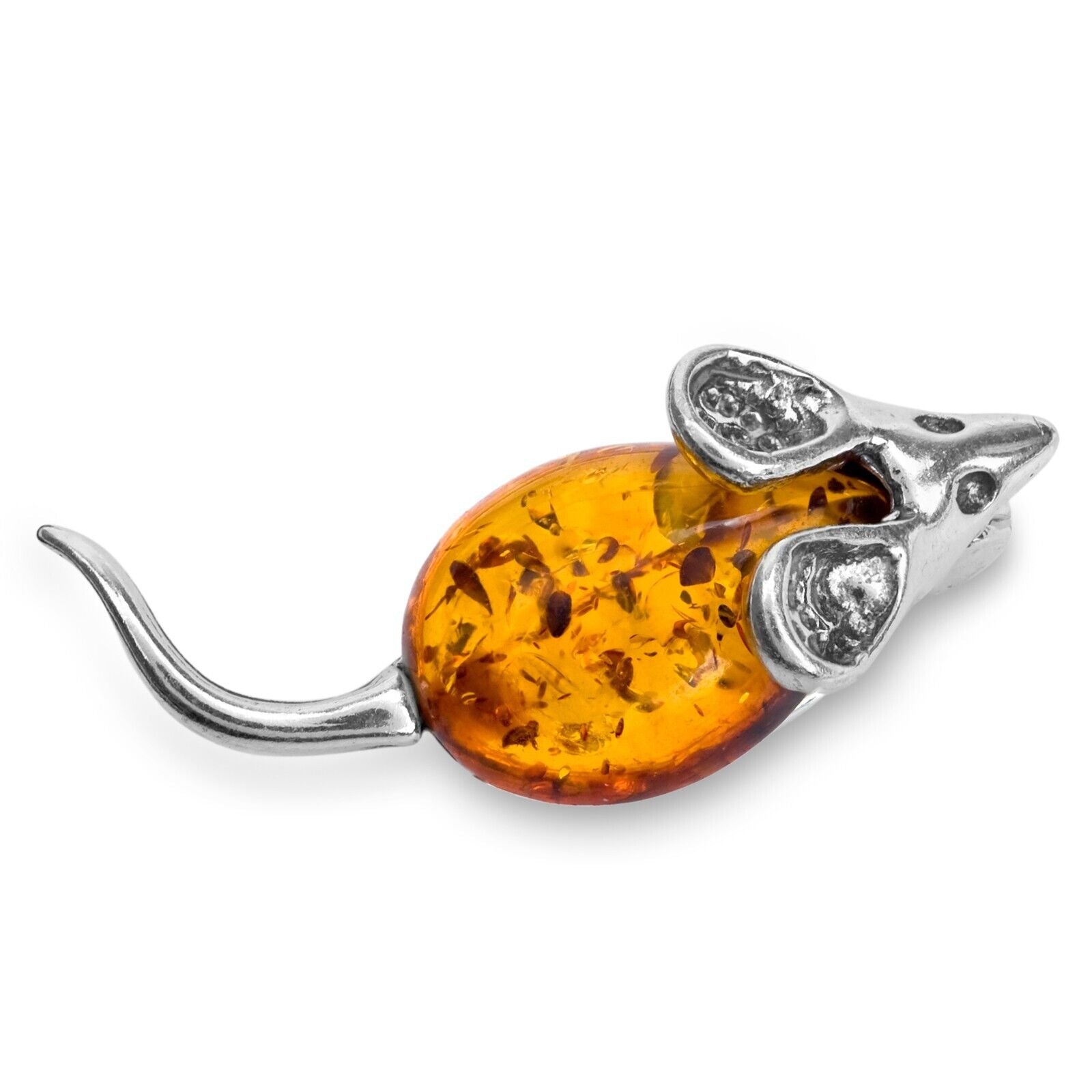 925 Solid Sterling Silver Honey Baltic Amber Cute Mouse Small Pretty Brooch Pin