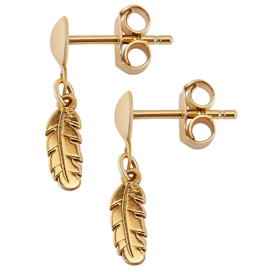 14k Solid Pure Yellow Gold Small Cute Delicate Feather Designer Dangle Earrings