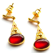 925 Solid Gold Plated Sterling Silver Red Amber Oval Beautiful Floral Earrings