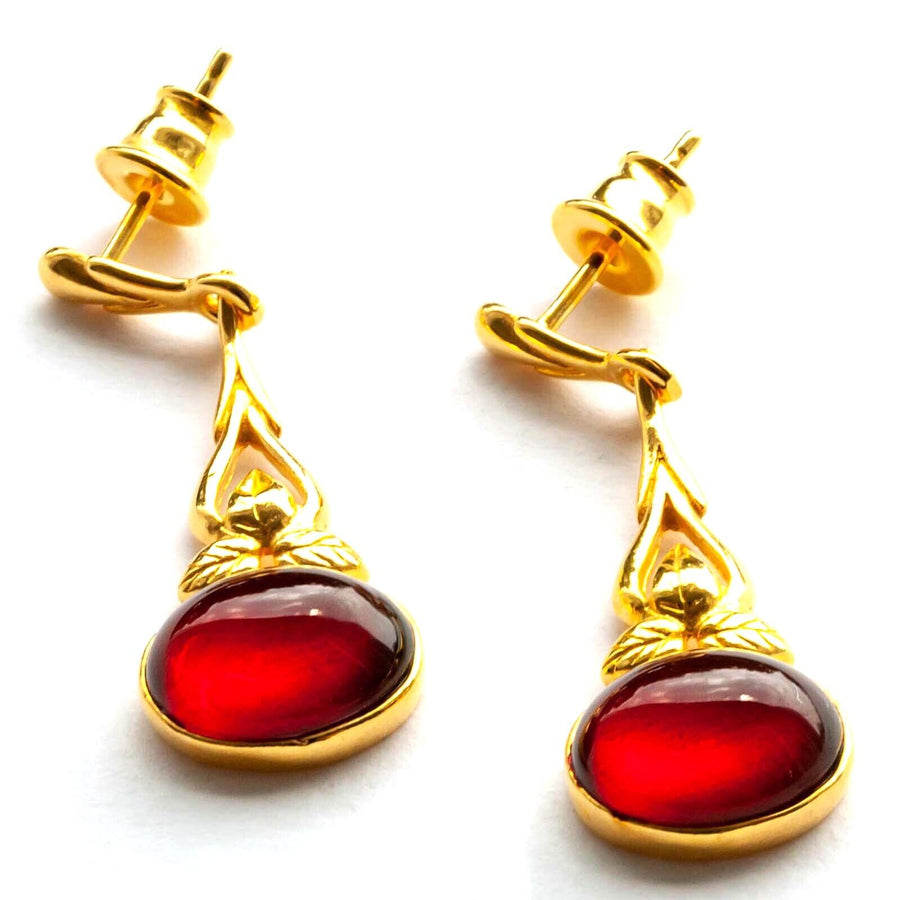 925 Solid Gold Plated Sterling Silver Red Amber Oval Beautiful Floral Earrings