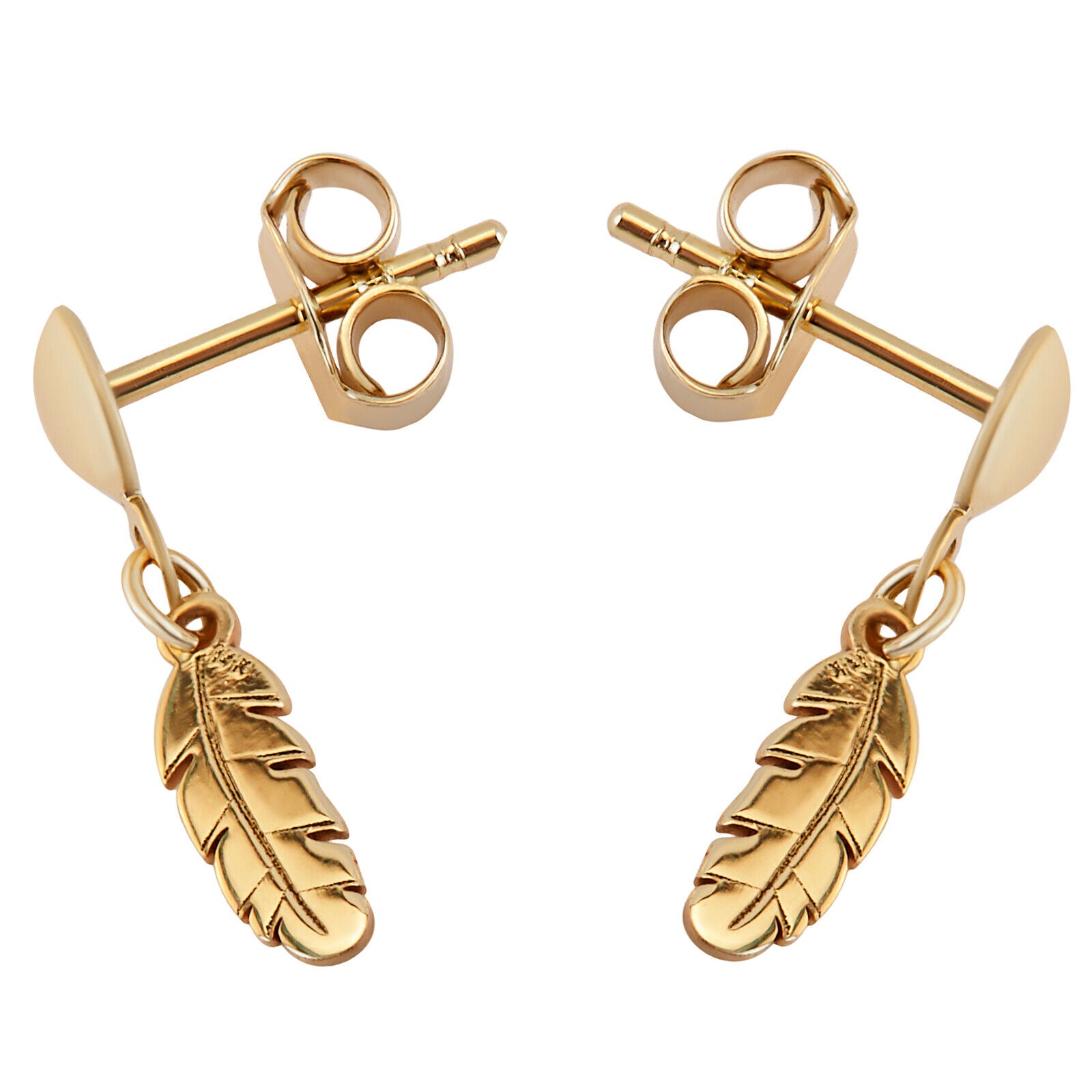 14k Solid Pure Yellow Gold Small Cute Delicate Feather Designer Dangle Earrings