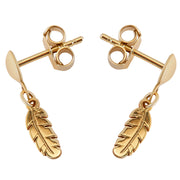 14k Solid Pure Yellow Gold Small Cute Delicate Feather Designer Dangle Earrings