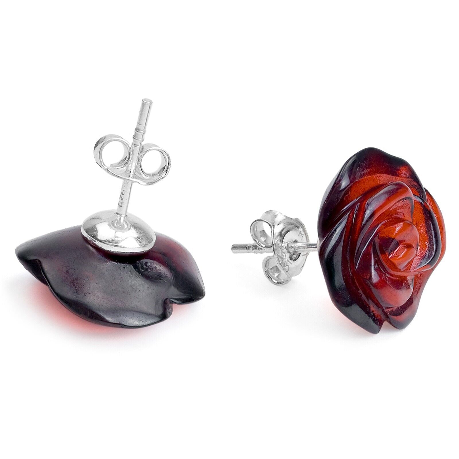 925 Solid Pure Sterling Silver Cherry Baltic Amber Designer Rose Stud Earrings