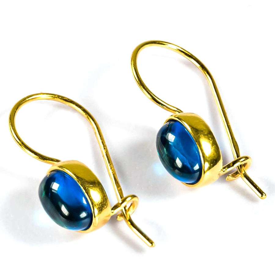 925 Solid Gold Plated Sterling Silver Blue Amber Oval Nice French Wire Earrings