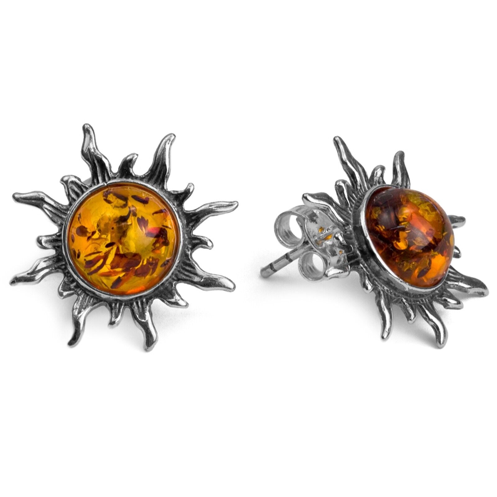 925 Solid Sterling Silver Honey Baltic Amber Sun Round Beautiful Stud Earrings