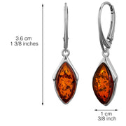 925 Solid Pure Sterling Silver Honey Baltic Amber Marquise Leverback Earrings