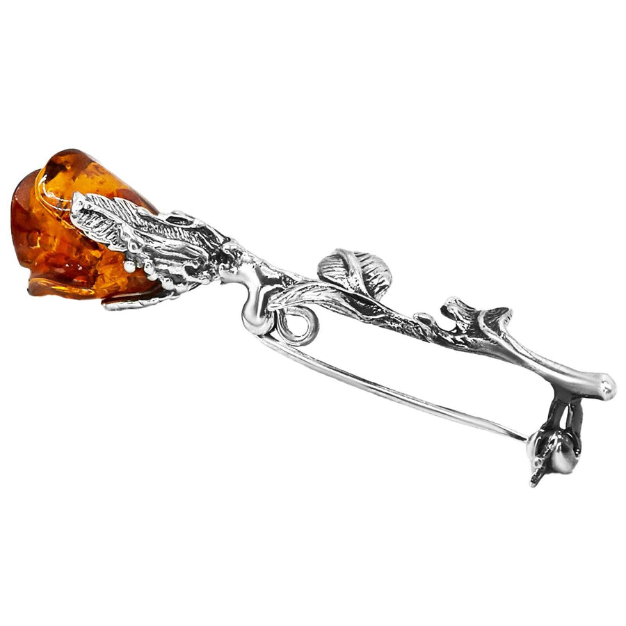 925 Solid Pure Sterling Silver Honey Baltic Amber Designer Nice Rose Brooch Pin