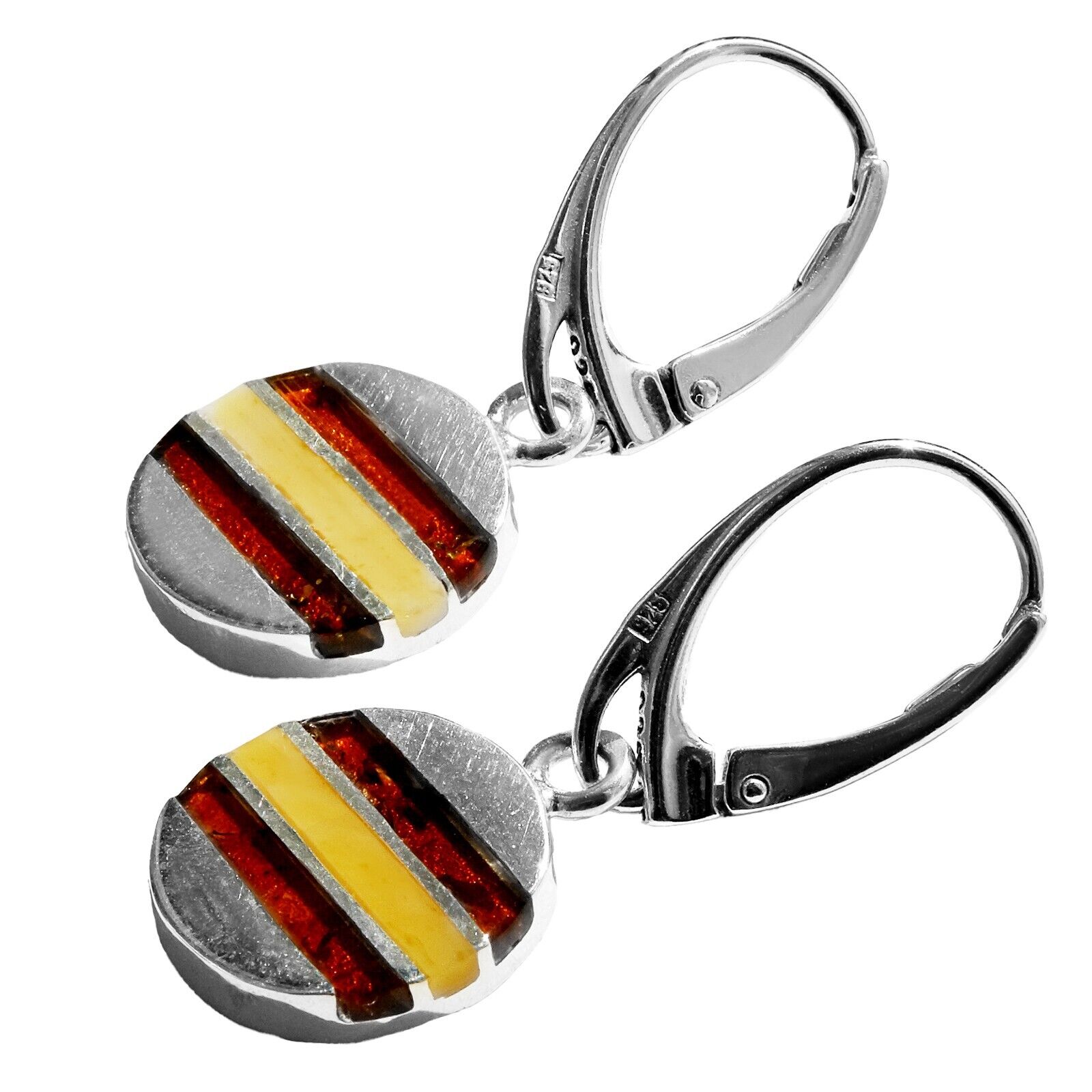 925 Solid Sterling Silver Multicolor Baltic Amber Round Modern Inlay Earrings