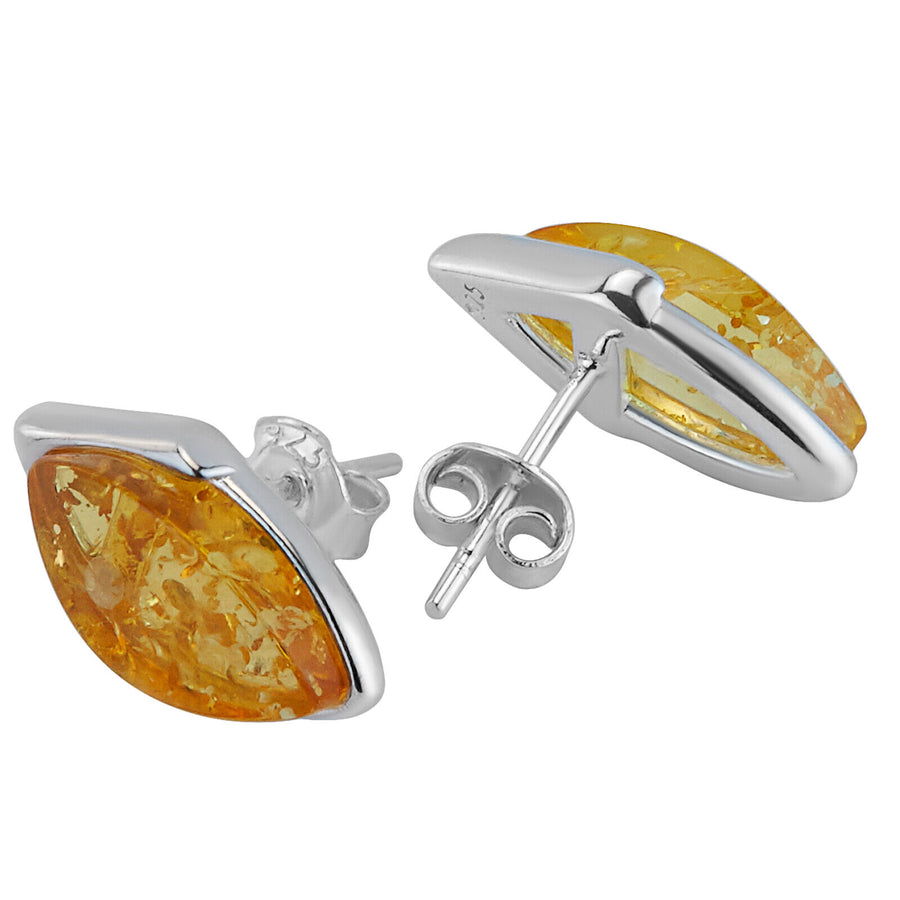 925 Solid Pure Sterling Silver Lemon Baltic Amber Marquise Stud Pretty Earrings