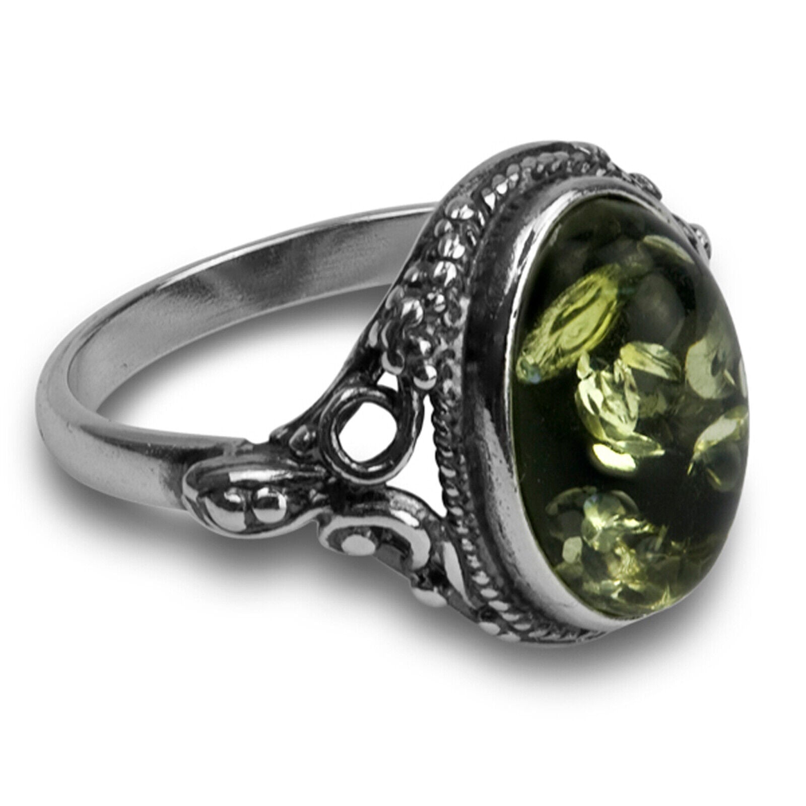 925 Solid Pure Sterling Silver Green Baltic Amber Oval Beautiful Designer Ring