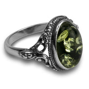 925 Solid Pure Sterling Silver Green Baltic Amber Oval Beautiful Designer Ring