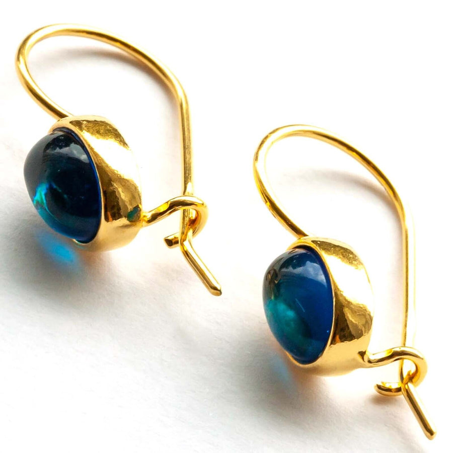 925 Solid Gold Plated Sterling Silver Blue Amber Oval Nice French Wire Earrings